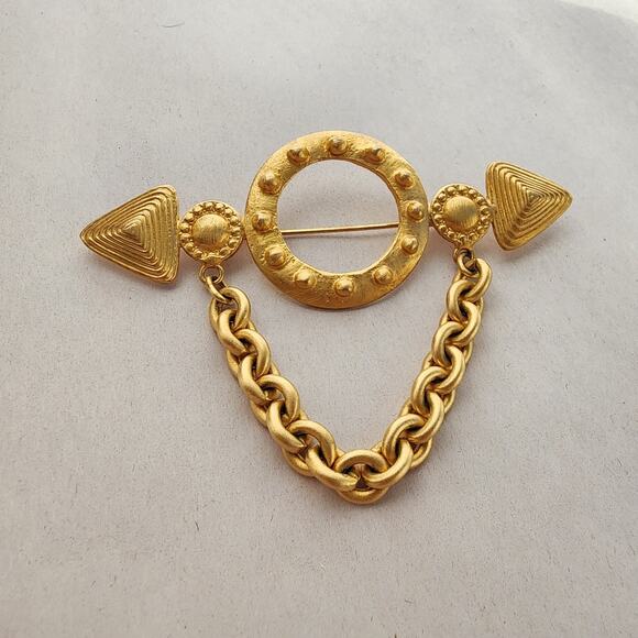 Large Marcy Feld Gold Plated Bar Heart Brooch Arrow Chain Military Statement - Picture 3 of 8
